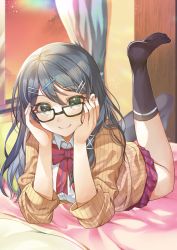 Rule 34 | 1girl, adjusting eyewear, black-framed eyewear, black footwear, blue hair, bow, closed mouth, collared shirt, commission, feet up, fire emblem, glasses, green eyes, hair ornament, hairclip, hand on own face, highres, indoors, leg up, long hair, long sleeves, looking at viewer, lying, nintendo, on stomach, oribe tsubasa, pleated skirt, school uniform, shirt, skeb commission, skirt, smile, socks, solo, sweater, the pose, tokyo mirage sessions fe, twilight, window, yam (yamap mako)