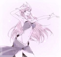 Rule 34 | 1girl, breasts, gloves, gundam, gundam seed, gundam seed destiny, hair between eyes, hair ornament, hand on own face, headset, large breasts, leotard, long hair, looking at viewer, meer campbell, music, one eye closed, open mouth, outstretched arm, pink hair, ruy, singing, skin tight, skirt, star (symbol), star hair ornament, upper body