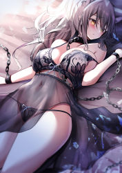 Rule 34 | 1girl, absurdres, animal ears, arknights, bdsm, bed sheet, black bra, black panties, blush, bondage, bound, bra, breasts, cat ears, chain, chained, cleavage, closed mouth, collar, cuffs, grey hair, highres, kokihanada, large breasts, leash, lingerie, long hair, looking away, looking to the side, lying, navel, on back, on bed, panties, ponytail, schwarz (arknights), see-through, shackles, solo, strap slip, thighs, underwear, underwear only, yellow eyes