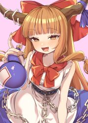 Rule 34 | 1girl, absurdres, blue ribbon, blue skirt, blush, bow, chain, drooling, e sdss, fang, fingernails, gourd, hair bow, highres, holding, horn ornament, horn ribbon, horns, ibuki suika, long fingernails, long hair, looking at viewer, mouth drool, oni horns, open mouth, orange eyes, orange hair, pink background, red bow, ribbon, sharp fingernails, shirt, simple background, skin fang, skirt, smile, solo, torn clothes, torn sleeves, touhou, white shirt