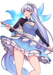Rule 34 | 1girl, absurdres, blue eyes, blueriest, commission, commissioner upload, flower, highres, holding, holding sword, holding weapon, legs, long hair, long sleeves, rwby, sash, scar, skirt, solo, sword, very long hair, weapon, weiss schnee, white hair, white sash