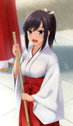Rule 34 | 2girls, :d, absurdres, black hair, blurry, blurry background, breasts, brown eyes, commentary request, day, depth of field, eyebrows hidden by hair, hair ribbon, hakama, hakama skirt, highres, holding, ichijou hotaru, japanese clothes, kimono, looking at viewer, medium breasts, multiple girls, non non biyori, nonaka ritsu, open mouth, outdoors, ponytail, red hakama, ribbon, skirt, smile, solo focus, white kimono, white ribbon