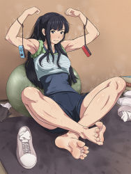 Rule 34 | 1girl, armpits, arms up, bare arms, bare legs, bare shoulders, barefoot, black eyes, black hair, blue shorts, feet, full body, gym shorts, highres, legs, crossed legs, long hair, looking at viewer, maku (l-u), original, shoes, unworn shoes, shorts, sitting, sneakers, socks, soles, tank top, toes, toned