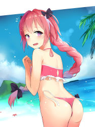 Rule 34 | 1boy, absurdres, ass, astolfo (fate), beach, black bow, blush, bow, braid, color1087, day, fate/apocrypha, fate (series), hair bow, highres, long hair, looking at viewer, male focus, multicolored hair, parted lips, pink hair, purple eyes, solo, trap, white hair