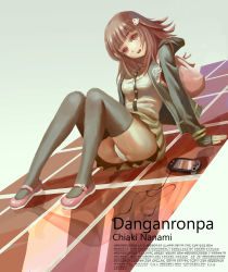 Rule 34 | 10s, 1girl, absurdres, arm support, backpack, bad id, bad pixiv id, bag, black thighhighs, breasts, brown hair, brown skirt, buttons, character name, copyright name, danganronpa: trigger happy havoc, danganronpa (series), digital media player, earbuds, earphones, full body, grey shirt, hair ornament, hairclip, highres, hood, hoodie, knees together feet apart, ldh, long sleeves, looking at viewer, mary janes, miniskirt, nanami chiaki, on floor, open mouth, panties, pantyshot, pink eyes, pleated skirt, red footwear, reflection, reflective floor, school uniform, shirt, shoes, sitting, skirt, sleeves past wrists, small breasts, solo, thighhighs, underwear, white panties