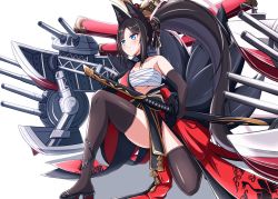 Rule 34 | 1girl, animal ear fluff, artillery, asymmetrical clothes, azur lane, bandages, black choker, black footwear, black gloves, black tail, black thighhighs, blue eyes, breasts, brown hair, chest sarashi, choker, degawa1121, dress, elbow gloves, full body, gloves, highres, holding, holding sword, holding weapon, japanese clothes, kii (azur lane), kitsune, kyuubi, large tail, long hair, medium breasts, multiple tails, pelvic curtain, ponytail, red dress, rigging, sarashi, sheath, sheathed, simple background, single bare shoulder, solo, sword, tail, thighhighs, turret, very long hair, weapon, white background