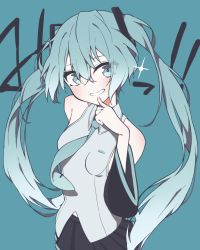 Rule 34 | 1girl, aqua background, aqua eyes, aqua hair, aqua necktie, bad id, bad pixiv id, bare shoulders, black skirt, commentary, finger to mouth, giryu, grey shirt, grin, hair ornament, hatsune miku, long hair, looking at viewer, miniskirt, necktie, pleated skirt, shirt, skirt, sleeveless, sleeveless shirt, smile, solo, sparkle, translated, twintails, very long hair, vocaloid