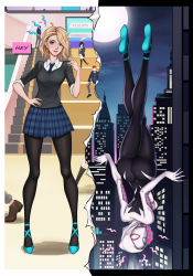 Rule 34 | 2girls, 2koma, 3boys, absurdres, aqua footwear, ass, ballet slippers, black bodysuit, black legwear, black sweater, blonde hair, blue eyes, blue footwear, blue neckwear, blue skirt, blush, bodysuit, breasts, building, city, cityscape, collared shirt, comic, crossed legs, dress shirt, eyebrow piercing, falling, full body, gwen stacy, hand on own hip, highres, hood, hooded bodysuit, impossible bodysuit, impossible clothes, indoors, light smile, long sleeves, looking at viewer, looking back, marvel, medium breasts, medium hair, miniskirt, multicolored clothes, multiple boys, multiple girls, multiple views, necktie, night, outdoors, pantyhose, piercing, pink lips, pleated skirt, rotational symmetry, school uniform, shirt, skin tight, skirt, sleeves rolled up, solo focus, spider-gwen, spider-man: into the spider-verse, spider-man (series), spider-verse, spider web print, stairs, standing, superhero costume, sweater, swept bangs, white bodysuit, white shirt, xiao gen
