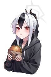 Rule 34 | 1girl, :t, black hair, black hoodie, black horns, black nails, blue archive, blush, burger, closed mouth, demon horns, food, grey hair, hair between eyes, highres, holding, holding food, hood, hood down, hoodie, horns, kayoko (blue archive), long hair, long sleeves, ly 7317, multicolored hair, nail polish, red eyes, simple background, solo, upper body, white background