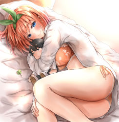 Rule 34 | 1girl, ass, ayachanman, bed sheet, blue eyes, blush, bra, breasts, character doll, clover, dress shirt, four-leaf clover, go-toubun no hanayome, green ribbon, hair ribbon, highres, knees together feet apart, lace, lace-trimmed bra, lace-trimmed panties, lace trim, large breasts, lips, looking at viewer, lying, md5 mismatch, medium hair, nakano yotsuba, on bed, on side, orange bra, orange hair, orange panties, panties, resolution mismatch, ribbon, shirt, side-tie panties, smile, source smaller, uesugi fuutarou, underwear, white shirt