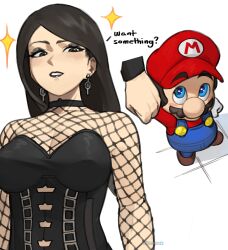 Rule 34 | 1boy, 1girl, absurdres, atoroux, black choker, black eyes, black hair, black leotard, black lips, blue eyes, blue overalls, choker, clenched hand, earrings, english text, facial hair, fishnet top, fishnets, hat, highres, holding hands, jewelry, leotard, long hair, mario, mario (series), mustache, nintendo, original, overalls, red hat, red shirt, shirt, sparkle, teeth