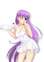 Rule 34 | 1girl, absurdres, apron, bare shoulders, breasts, cleavage, fire emblem, fire emblem: the binding blade, food, food on face, hand on own face, heart, hevns, highres, long hair, naked apron, nintendo, one eye closed, purple eyes, purple hair, simple background, solo, sophia (fire emblem), very long hair, white background