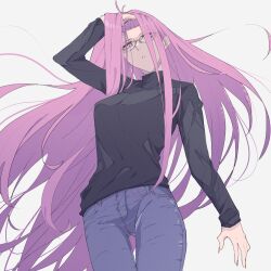 Rule 34 | 1girl, anianiani0607, casual, fate/stay night, fate (series), forehead, glasses, hand on own head, highres, long hair, looking at viewer, medusa (fate), medusa (rider) (fate), purple eyes, purple hair, solo, upper body, very long hair