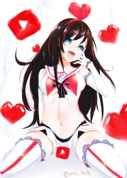 Rule 34 | 1girl, arm behind back, bare shoulders, blue eyes, bow, breasts, brown hair, chromatic aberration, clothes writing, commentary, detached sleeves, exxe mkii, fangs, hair bow, hairband, head tilt, heart, highres, kizuna ai, kizuna ai inc., licking, licking finger, long hair, looking at viewer, medium breasts, multicolored hair, navel, open mouth, pink bow, pink hair, sailor collar, sitting, skirt, solo, spread legs, stomach, thighhighs, tongue, tongue out, twitter username, two-tone hair, underboob, virtual youtuber, white thighhighs, youtube