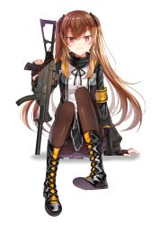 Rule 34 | 1girl, bad id, bad pixiv id, bandana, black footwear, black gloves, black pantyhose, blush, boots, brown hair, closed mouth, cross-laced footwear, diten, fingerless gloves, girls&#039; frontline, gloves, gun, h&amp;k ump, heckler &amp; koch, holding, holding gun, holding weapon, jacket, lace-up boots, long hair, looking at viewer, open clothes, open jacket, pantyhose, pink eyes, scar, scar across eye, scar on face, sidelocks, simple background, sitting, smile, solo, submachine gun, twintails, ump9 (girls&#039; frontline), very long hair, weapon, white background