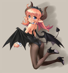 Rule 34 | 1girl, ahoge, ass, back, bare back, bare shoulders, black pantyhose, black wings, blue eyes, blush, demon girl, demon horns, demon tail, demon wings, detached collar, female focus, from behind, full body, high heels, horns, katahira masashi, leotard, long hair, looking at viewer, looking back, nontraditional playboy bunny, original, outside border, pantyhose, pink hair, playboy bunny, pointy ears, shoes, smile, solo, tail, wings, wrist cuffs
