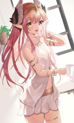 Rule 34 | 1girl, :d, armlet, blush, bracelet, breasts, circe (fate), circlet, cowboy shot, cup, fate/grand order, fate (series), feather hair ornament, feathers, feather hair ornament, hair flowing over, highres, jewelry, long hair, navel, open mouth, pink hair, plant, pleated skirt, pointy ears, potted plant, sideboob, skirt, small breasts, smile, solo, table, thigh strap, tsukise miwa, white skirt, window