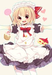 Rule 34 | 1girl, alternate costume, blonde hair, bow, cake, candy, cupcake, dorago (doraemon4), enmaided, female focus, food, hair ribbon, heart, lollipop, maid, maid headdress, open mouth, outstretched arms, red eyes, ribbon, rumia, skirt, smile, solo, thighhighs, touhou, white thighhighs