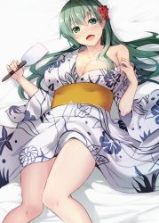 Rule 34 | 1girl, alternate costume, aqua eyes, aqua hair, bed sheet, blanket, blush, breasts, cleavage, collarbone, floral print, flower, from above, gin&#039;ichi (akacia), hair between eyes, hair flower, hair ornament, hairclip, hand fan, japanese clothes, kantai collection, kimono, large breasts, long hair, looking at viewer, lying, obi, open mouth, sash, smile, solo, suzuya (kancolle), white kimono, yukata