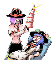 Rule 34 | 2girls, ascot, black headwear, black skirt, blue hair, bound, bound wrists, bow, capelet, center frills, closed eyes, dental chair, frills, fruit hat ornament, hat, highres, hinanawi tenshi, long hair, long sleeves, mask, mouth mask, multiple girls, nagae iku, open mouth, peach hat ornament, peroponesosu., pink capelet, puffy short sleeves, puffy sleeves, purple hair, rainbow order, red ascot, red bow, red ribbon, ribbon, scared, short hair, short sleeves, simple background, skirt, surgical mask, sweatdrop, touhou, trembling, white background