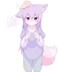 Rule 34 | 1girl, 2023, animal ear fluff, blush, furry, furry female, gray shorts, headpat, hetakitsune, highres, long hair, looking at viewer, nervous sweating, pink fur, purple eyes, purple hair, purple shirt, shirt, solo, standing, sweat, white background