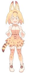 Rule 34 | 10s, 1girl, :d, animal ears, animal print, ankle boots, bare shoulders, belt, blonde hair, blush, boots, bow, bowtie, breasts, cross-laced clothes, elbow gloves, full body, gloves, hair between eyes, happy, high-waist skirt, kemono friends, looking at viewer, medium breasts, medium skirt, open mouth, print bow, print skirt, print thighhighs, serval (kemono friends), serval print, serval tail, shirt, short hair, skirt, sleeveless, sleeveless shirt, smile, solo, striped tail, tail, taut clothes, teeth, thighhighs, upper teeth only, urayamashiro (artist), white background, white footwear, white gloves, white shirt, yellow bow, yellow bowtie, yellow eyes, yellow skirt