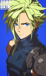 Rule 34 | 1boy, armor, blonde hair, blue background, blue eyes, blue sweater, closed mouth, cloud strife, dated, earrings, final fantasy, final fantasy vii, final fantasy vii remake, hair between eyes, jewelry, looking at viewer, male focus, sasaki tomomi, short hair, shoulder armor, sidelocks, single bare shoulder, single earring, sleeveless, sleeveless turtleneck, solo, spiked hair, stud earrings, suspenders, sweater, turtleneck, turtleneck sweater, twitter username, upper body