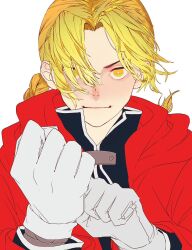 Rule 34 | 1boy, bad id, bad twitter id, black jacket, blonde hair, braid, braided ponytail, clenched hand, close-up, coat, collared jacket, edward elric, fullmetal alchemist, gloves, hair over one eye, jacket, light smile, looking at viewer, male focus, red coat, simple background, solo, white background, white gloves, wudus6, yellow eyes