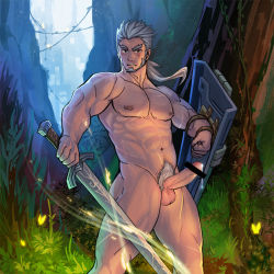 Rule 34 | 1boy, abs, beard, body hair, erection, facial hair, grass, male focus, muscular, nipples, nude, okami (id=1307059), outdoors, pectorals, penis, public indecency, scar, shield, silver hair, solo, sword, tagme, testicles, tree, weapon