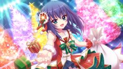 Rule 34 | 1girl, aqua eyes, blue hair, bow, box, breasts, christmas, christmas ornaments, christmas tree, collarbone, dot nose, dress, dutch angle, film grain, game cg, gift, gift box, green bow, green skirt, hair ornament, holding, holding sack, honjou kasumi, idol, idol clothes, indoors, izumi tsubasu, lens flare, looking at viewer, medium breasts, medium hair, non-web source, official art, open mouth, outstretched arm, pinstripe pattern, pinstripe skirt, plaid, re:stage!, red dress, red skirt, red wrist cuffs, sack, single wrist cuff, skirt, sleeveless, sleeveless dress, smile, solo, sparkle, stage lights, star (symbol), tinsel, two-sided fabric, two-sided skirt, two-tone dress, white dress, white wristband, wrist cuffs