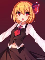 Rule 34 | 1girl, :d, absurdres, ascot, bad id, bad twitter id, blonde hair, blush, brown skirt, fang, hair ribbon, highres, long sleeves, looking at viewer, marota, navel, open mouth, red ascot, red ribbon, ribbon, rumia, shirt, short hair, sketch, skirt, smile, solo, touhou, twitter username, white shirt