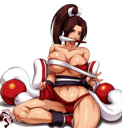Rule 34 | 1girl, 7th-heaven, areola slip, blush, breasts, brown hair, fatal fury, female focus, hand fan, highres, large breasts, long hair, ninja, ponytail, shiranui mai, sitting, solo, the king of fighters