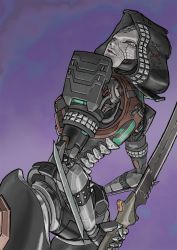 Rule 34 | 1girl, android, apex legends, arm behind back, ash (titanfall 2), black sclera, colored sclera, expressionless, from behind, grey eyes, holding, holding sword, holding weapon, hood, hood up, looking at viewer, metal skin, purple background, simulacrum (titanfall), solo, sword, tatsuo susumu, weapon