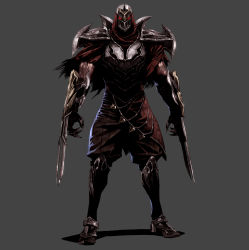 Rule 34 | 1boy, absurdres, armor, blade, breastplate, claw (weapon), full body, glowing, glowing eyes, greaves, grey background, helm, helmet, highres, league of legends, male focus, mask, muscular, ninja, pauldrons, red eyes, scratches, seung eun kim, shoulder armor, shuriken, simple background, solo, standing, torn, torn clothes, veins, weapon, weapon on back, zed (league of legends)