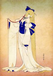 Rule 34 | 1girl, absurdly long hair, adapted costume, artoria caster (fate), artoria caster (swimsuit) (fate), artoria caster (swimsuit) (third ascension) (fate), artoria pendragon (fate), bare shoulders, barefoot, blonde hair, blue bow, blue kimono, blush, bow, breasts, cleavage, commentary request, expressionless, fate/grand order, fate (series), fine art parody, full body, gradient background, green eyes, hair bow, head tilt, highres, japanese clothes, kimono, long hair, looking at viewer, nihonga, ono tako, parody, signature, small breasts, solo, toes, two-tone kimono, ukiyo-e, very long hair, white kimono, wide sleeves