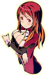Rule 34 | 10s, 1girl, alternate costume, blush, breasts, brown hair, cleavage, long hair, looking at viewer, maou (maoyuu), maoyuu maou yuusha, multicolored hair, smile, solo, super zombie, white background