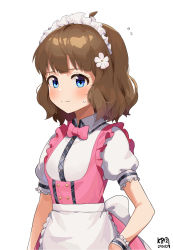 Rule 34 | 1girl, ahoge, apron, blue eyes, blush, bow, bowtie, brown hair, closed mouth, collared shirt, commentary, dated, dress, flower, flying sweatdrops, frilled apron, frills, hair flower, hair ornament, highres, idolmaster, idolmaster million live!, idolmaster million live! theater days, looking at viewer, maid headdress, myeolchi, pink bow, pink bowtie, pink dress, pink flower, pretty waitress (idolmaster), puffy short sleeves, puffy sleeves, shirt, short sleeves, signature, simple background, sleeveless, sleeveless dress, smile, solo, suou momoko, sweat, waist apron, white apron, white background, white shirt, wrist cuffs