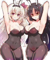 Rule 34 | 2girls, absurdres, akizuki kanna, alternate costume, angry, animal ears, armpits, arms behind head, arms up, black hair, black hairband, black leotard, black pantyhose, blush, bow, breast press, breasts, cafe stella to shinigami no chou, cleavage, collarbone, commentary, covered navel, cowboy shot, curvy, d:, eyelashes, fake animal ears, fake tail, grin, hair between eyes, hair ornament, hairband, hairclip, hakutocake, heart, highres, jitome, large breasts, leotard, long hair, multiple girls, one side up, open mouth, paid reward available, pantyhose, parted bangs, playboy bunny, presenting armpit, purple eyes, rabbit ears, rabbit tail, red bow, red ribbon, ribbon, shaded face, shiki natsume, simple background, smile, standing, strapless, strapless leotard, symmetrical docking, tail, very long hair, white background, white hair, yellow eyes