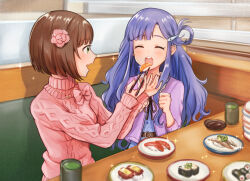 Rule 34 | 2girls, aran sweater, asari nanami, belt, blue dress, blue hair, blush, breasts, brown belt, brown hair, brown ribbon, cable knit, cardigan, chopsticks, clenched hand, closed eyes, dress, fang, feeding, fish hair ornament, flower, food, green eyes, green tea, hair flower, hair ornament, hair rings, hands up, highres, holding, holding chopsticks, idolmaster, idolmaster cinderella girls, idolmaster cinderella girls starlight stage, indoors, jewelry, large breasts, long hair, long sleeves, looking at another, maekawa miku, multiple girls, neck ribbon, necklace, open mouth, pink flower, pink ribbon, pink sweater, purple cardigan, ribbon, short hair, sitting, small breasts, smile, soy sauce, sparkle, sushi, sweater, table, tea, teeth, tori ririisu, turtleneck, turtleneck sweater, upper teeth only, very long hair