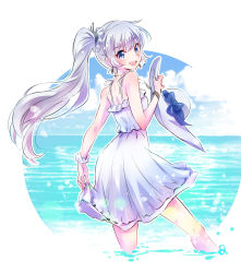Rule 34 | 1girl, :d, bare shoulders, blue eyes, blush, bow, bracelet, commentary request, dress, earrings, floating hair, from side, hair ornament, hat, hat bow, highres, holding, holding clothes, holding hat, iesupa, jewelry, long hair, looking at viewer, necklace, ocean, open mouth, outside border, round image, rwby, scar, scar across eye, scar on face, scrunchie, side ponytail, skirt hold, smile, solo, spaghetti strap, sun hat, sundress, unworn hat, unworn headwear, very long hair, wading, water, weiss schnee, white dress, white hair, wrist scrunchie