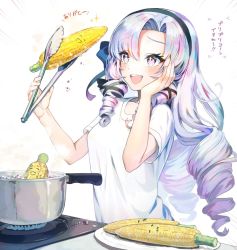 Rule 34 | 1girl, :d, black hairband, blue hair, blush, commentary request, cooking, cooking pot, corn, emphasis lines, grey hair, hairband, hand on own cheek, hand on own face, hyakumantenbara salome, multicolored hair, nijisanji, open mouth, pi (p77777778), plate, purple eyes, purple hair, shirt, short sleeves, simple background, smile, solo, teeth, tongs, translated, upper body, upper teeth only, virtual youtuber, white background, white shirt