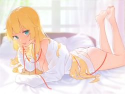 Rule 34 | 1girl, akai haato, aqua eyes, ass, bare legs, barefoot, bed, bed sheet, blonde hair, blurry, blurry background, blush, breast press, breasts, cleavage, commentary request, curtains, depth of field, dress shirt, finger to mouth, haaton (akai haato), highres, hololive, indoors, long hair, long sleeves, looking at viewer, lying, medium breasts, off shoulder, on bed, on stomach, panties, parted lips, pig, red ribbon, ribbon, shirt, sleeves past wrists, soles, solo, the pose, toes, underwear, ur unco, virtual youtuber, white panties, white shirt, window