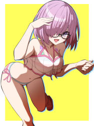 Rule 34 | 1girl, bikini, black-framed eyewear, blush, border, breasts, cleavage, commentary request, fate/grand order, fate (series), glasses, hair over one eye, hamao 1, highres, light purple hair, looking at viewer, mash kyrielight, mash kyrielight (swimsuit of perpetual summer ver.02), medium breasts, navel, one eye covered, open mouth, outside border, purple eyes, see-through, short hair, smile, solo, stomach, striped bikini, striped clothes, swimsuit, white border, yellow background