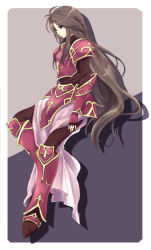 Rule 34 | 1girl, armor, armored boots, boots, brown eyes, brown hair, fire emblem, fire emblem: mystery of the emblem, fire emblem: new mystery of the emblem, gauntlets, gloves, long hair, migime1, nintendo, sheena (fire emblem), simple background, solo, very long hair