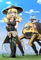 Rule 34 | 1girl, :d, arm ribbon, bad id, bad twitter id, binoculars, black footwear, black tank top, blonde hair, boots, character request, clothes around waist, grey eyes, haegiwa gonbee, hat, hat feather, kemono friends, kemono friends 3, lucky beast (kemono friends), open mouth, ribbon, robot, sky, smile, tank top