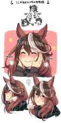 Rule 34 | 1boy, 2girls, animal ears, blush, brown hair, closed eyes, closed mouth, commentary request, enpera, green scarf, grey sweater, hand on another&#039;s cheek, hand on another&#039;s face, highres, horse ears, horse girl, ido (teketeke), looking at viewer, love triangle, multicolored hair, multiple girls, multiple views, parted lips, purple eyes, romaji text, scarf, smile, streaked hair, sweater, symboli rudolf (umamusume), trainer (umamusume), translation request, umamusume, white background, white hair