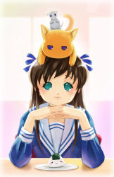 Rule 34 | 1girl, blue eyes, brown hair, cat, elise trinh, food, fruits basket, hair ribbon, honda tooru, long hair, mouse (animal), onigiri, ribbon, school uniform, smile, souma kyou, souma yuki, x-chan-