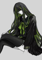 Rule 34 | 1girl, alfonso (project moon), ashi (dongshi389), black sailor collar, black shirt, black skirt, black thighhighs, bow, bowtie, crossed legs, green bow, green bowtie, green eyes, green hair, grey background, highres, limbus company, long hair, long sleeves, looking at viewer, multicolored hair, pleated skirt, project moon, sailor collar, shirt, sidelocks, simple background, sitting, skirt, solo, streaked hair, thighhighs, very long hair