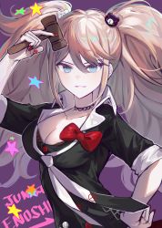 Rule 34 | 1girl, absurdres, arm up, bear hair ornament, black necktie, black shirt, blonde hair, blue eyes, bow, breasts, character name, cleavage, collarbone, danganronpa: trigger happy havoc, danganronpa (series), enoshima junko, hair ornament, hammer, highres, holding, holding hammer, large breasts, long hair, nail polish, necktie, parted lips, red bow, red nails, shirt, short sleeves, smile, solo, sp0i0ppp, star (symbol), teeth, twintails, upper body, white necktie