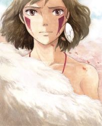 Rule 34 | 1girl, bare arms, breasts, brown eyes, brown hair, closed mouth, commentary request, completely nude, earrings, facepaint, facial mark, highres, jewelry, looking at viewer, medium hair, mononoke hime, nude, sad, san (mononoke hime), solo, studio ghibli, topless male